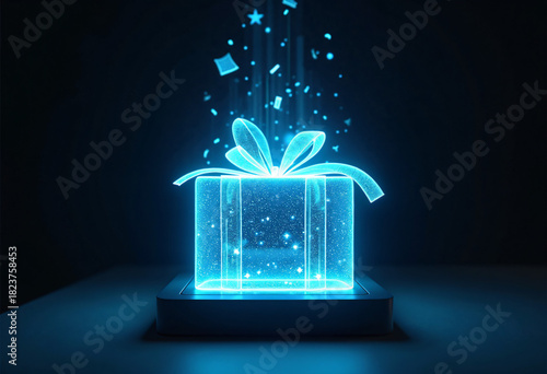 glowing blue halographic gift box