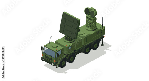 Military radar truck in isometric perspective with high-tech equipment