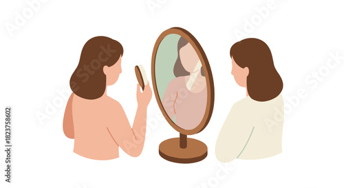 Woman brushing hair in front of oval mirror on wooden stand, isometric
