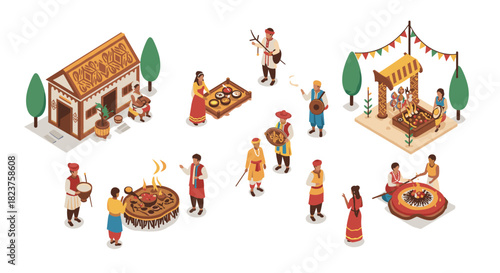 Traditional cultural festival with people in traditional clothing and food stalls in isometric style