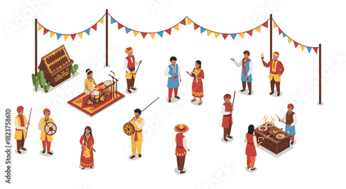 Traditional cultural festival celebration with people in vibrant attire