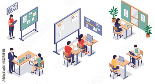 Isometric office scenes with diverse professionals and technology interaction
