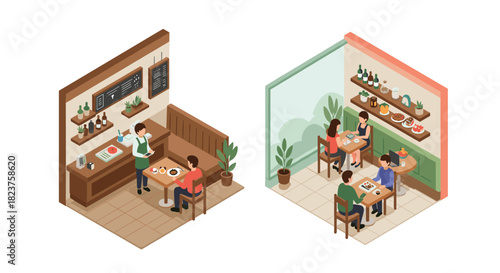 Cozy isometric cafes with customers dining indoors and enjoying meals in modern interiors