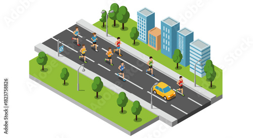 Isometric city marathon with runners on road and urban background
