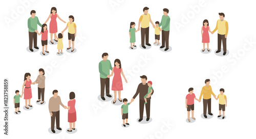 Isometric family moments: parents and children group interactions on white background