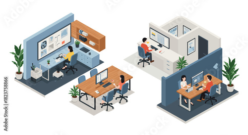 Modern office spaces with employees working at desks in isometric design