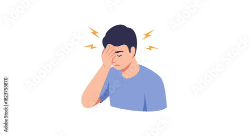 Young man suffering from headache with stress and pain concept in flat style