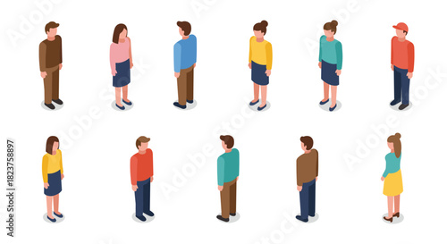 Isometric people set with diverse poses and outfits on white background