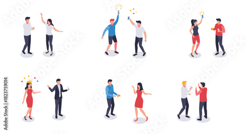 Isometric people celebrating: diverse interactions and happy moments in stylish attire