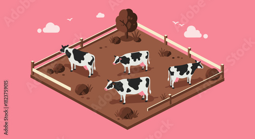 Isometric farm animals scene with dairy cows on pasture in pastel colors