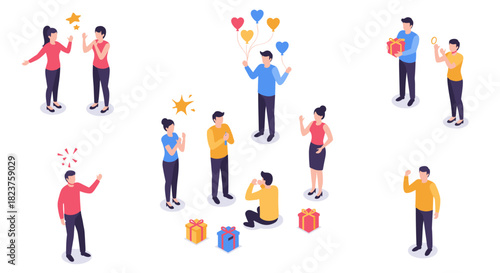Isometric characters expressing various emotions with gifts and balloons