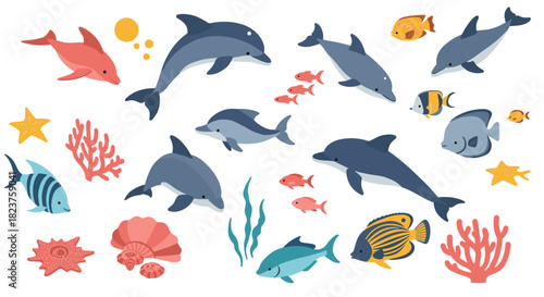 Aquatic life collection featuring dolphins and colorful fish elements in flat design