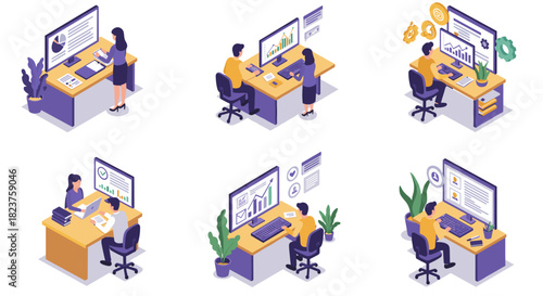Isometric office scenes with professionals analyzing data on monitors