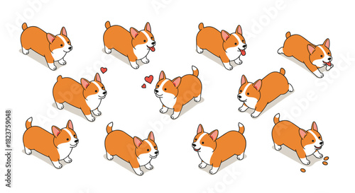 Cute cartoon corgi dogs in playful poses with hearts and treats