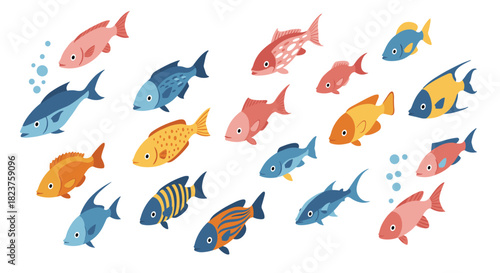 Colorful aquatic life collection with diverse fish species