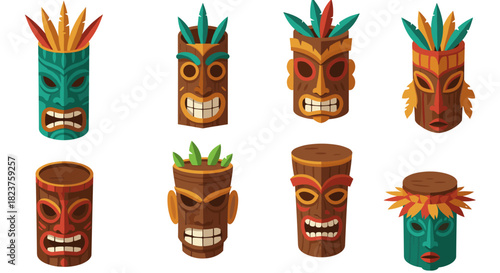 Colorful carved tiki masks with tribal designs: traditional wooden art collection