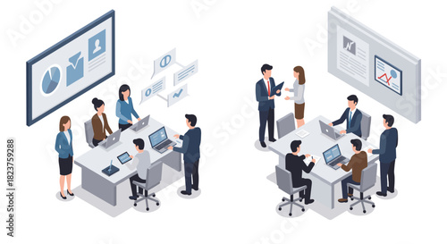 Modern isometric office meeting scenes with professionals collaborating and analyzing data