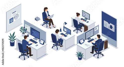 Modern office interior with people working at desks in isometric style