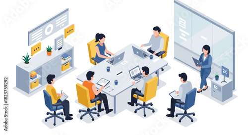 Business meeting in modern office setting with team collaboration and digital devices