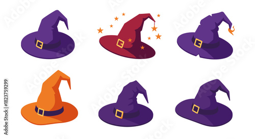 Colorful witch hats with stars and flames in modern isometric style
