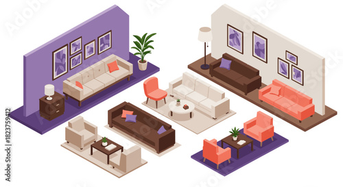 Modern isometric living room interior with stylish furniture and decor