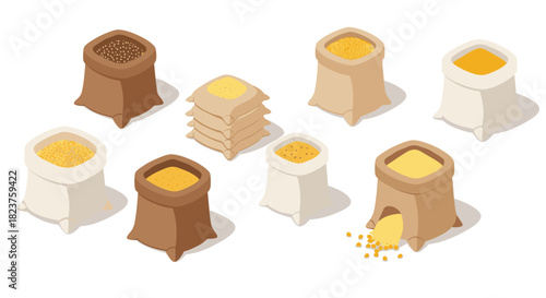 Isometric bags and sacks of grain and seeds on white background