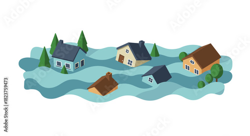 Isometric flooded houses and trees on white background