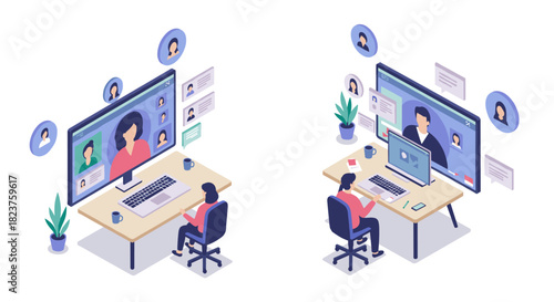 Remote work isometric office 3d concept with video conference screens and laptops
