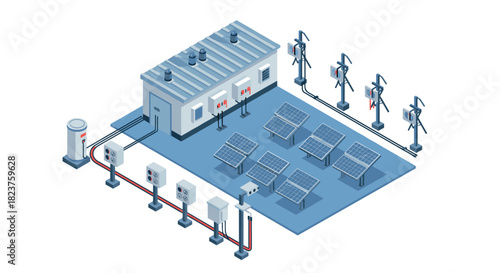 Solar energy plant with solar panels and wind turbines in isometric design