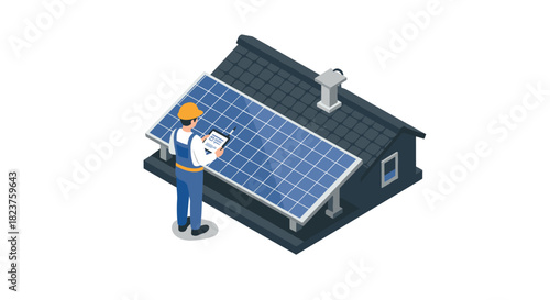 Isometric solar panel inspection on rooftop with technician in safety gear