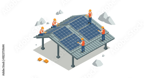 Workers installing solar panels on a rooftop in isometric design