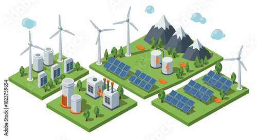 Sustainable energy concept with wind turbines, solar panels, and mountains in isometric style