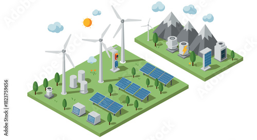 Isometric renewable energy landscape with wind turbines and solar panels