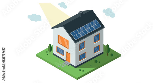 Modern isometric eco friendly house with solar panels and greenery