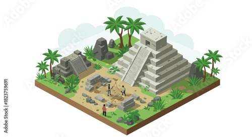 Isometric ancient mayan ruins with archeologists and lush jungle scene