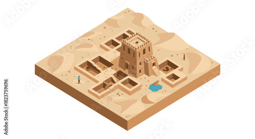 Isometric desert maze with ancient tower and characters