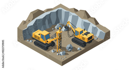 Isometric construction equipment in quarry setting