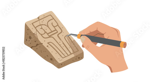 Hand carving ancient symbol on stone block with chisel in flat design style