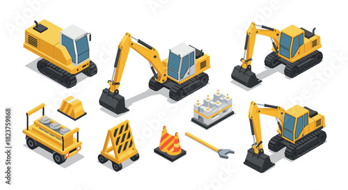 Isometric construction equipment set with excavators, tools, and barriers