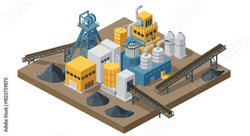 Isometric industrial factory with conveyor belts and machinery elements