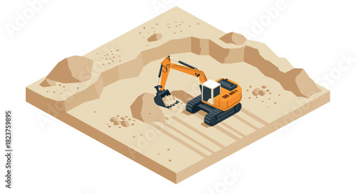 Construction site excavator in isometric style digging sand in quarry