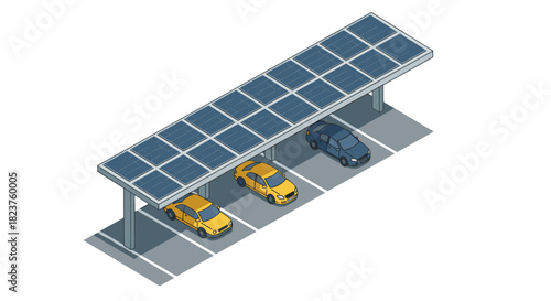 Isometric solar panel carport with cars in parking lot