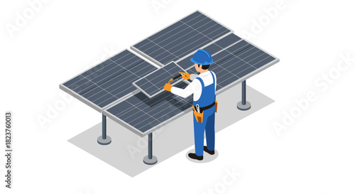 Engineer installing solar panels in isometric style