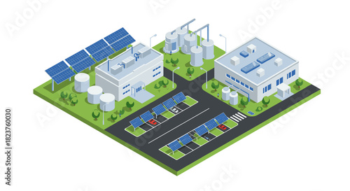 Modern renewable energy facility with solar panels and industrial buildings