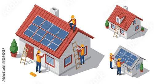 Solar panel installation on house roof by workers in isometric style