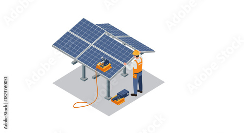 Engineer maintaining solar panel installation in isometric style