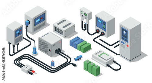 Isometric power supply systems and devices with cables and indicators