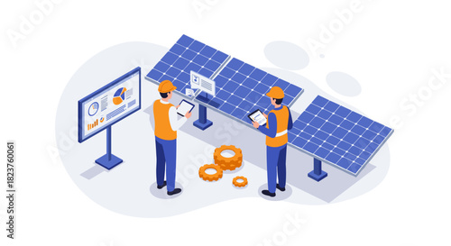 Solar energy management with engineers analyzing data in an isometric setup