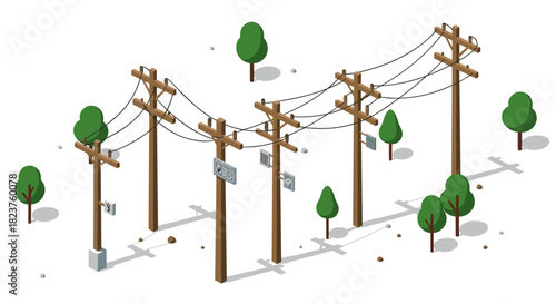 Isometric power poles with tree scenery in minimalistic design