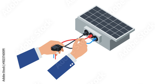 Isometric hands connecting wires to solar panel in blue suit for renewable energy concept
